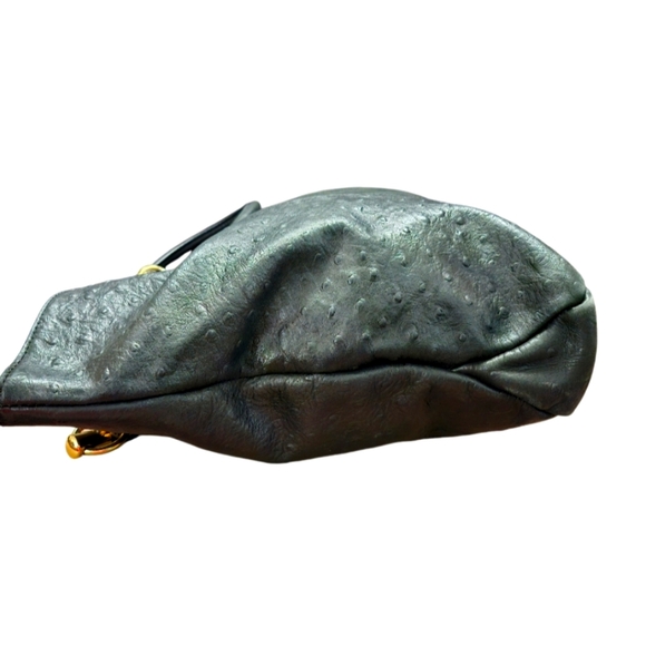 Cynthia Rowley Black Ostrich Embossed Leather Gold Chain Accent Tote - Picture 3 of 8